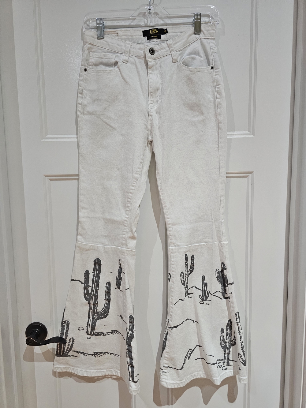 L&B White Flare Jeans with Black Cactus Print